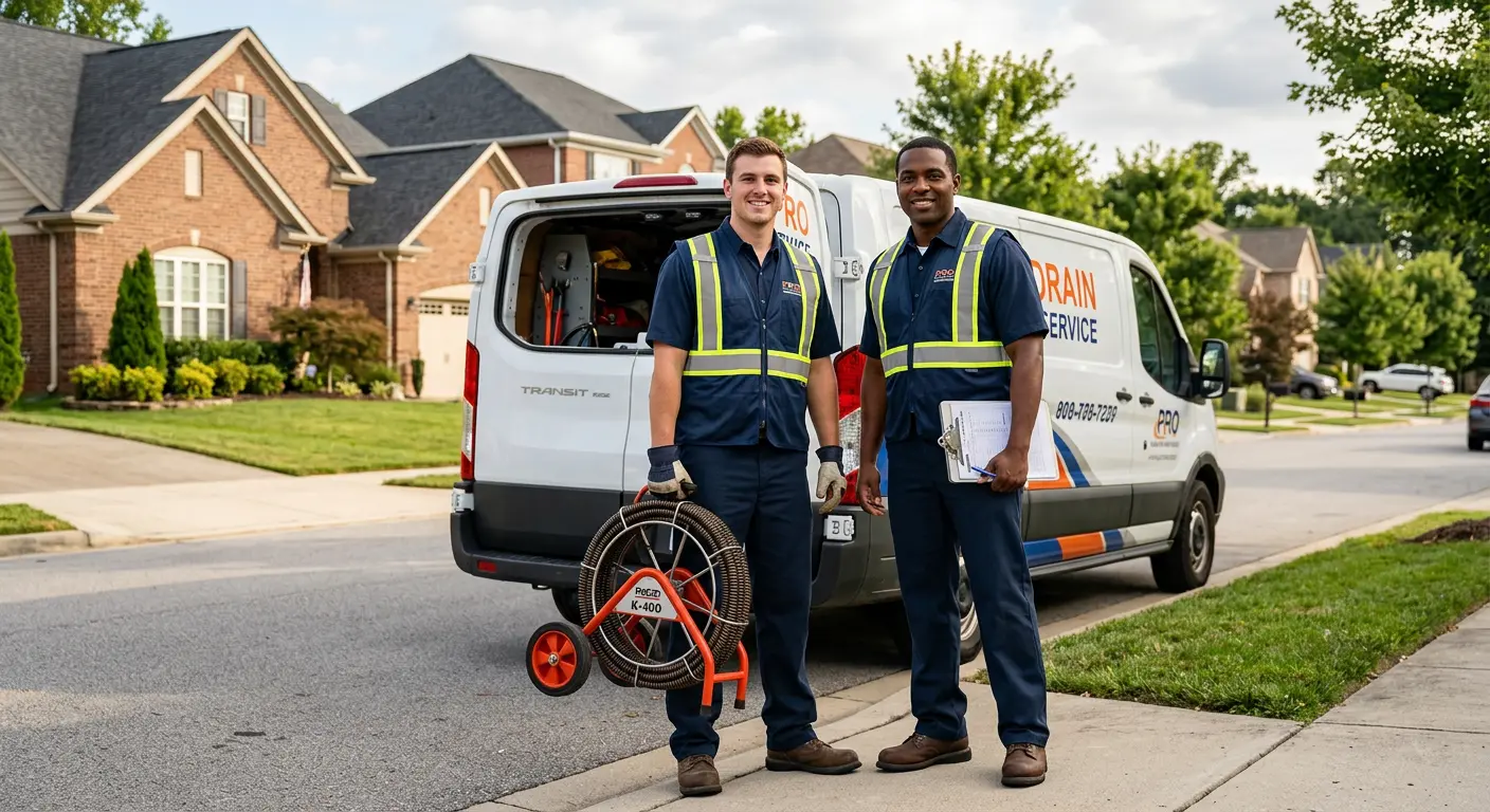 Sewer and drain service team with equipment ready for work in Travis Ranch