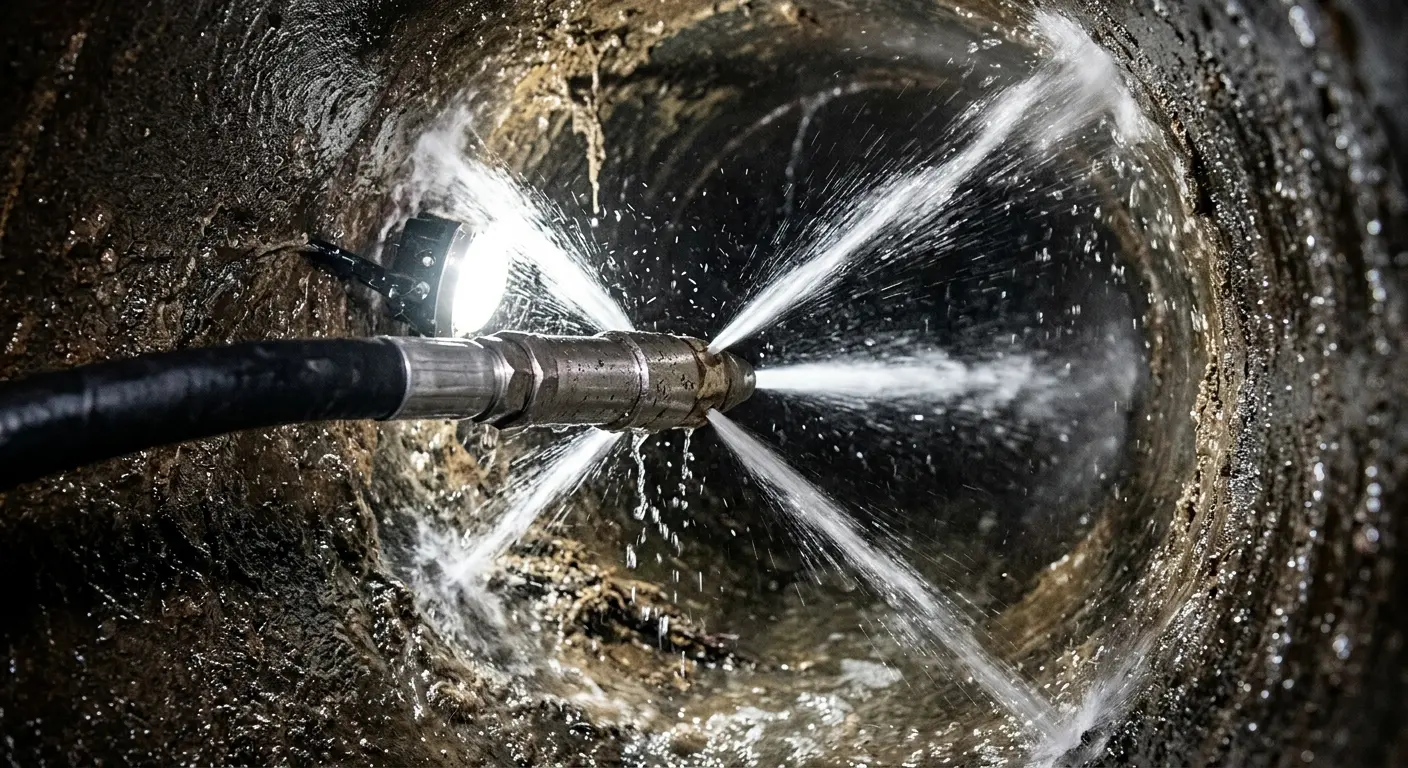 High-pressure hydro jetting nozzle cleaning sewer pipe for Trenchless Sewer Repair in Travis Ranch