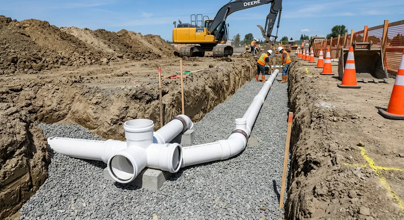 New PVC sewer pipe installation in open trench for Commercial Drain Cleaning in Travis Ranch