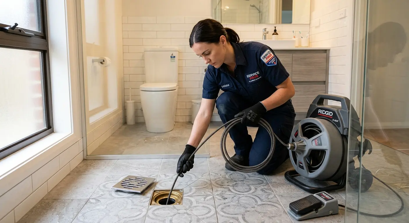 Technician clearing a bathroom floor drain for Drain Repair in Travis Ranch